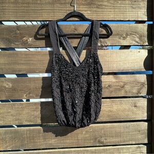 Alice + Olivia Cropped Silk Beaded Shirt with Cross Back in black